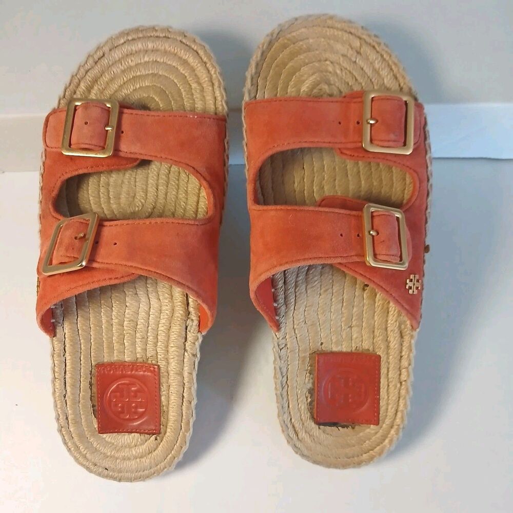 Tory Burch Selby Espadrille Slides Orange Double Buckle Sandals Women’s 6